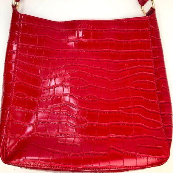 Kate & Mallory Red Studded Croc Embossed Faux Leather Shoulder Bag and Pouch - Picture 8 of 16